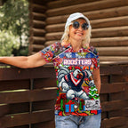 Custom Roosters Rugby Merry Christmas Women Polo Shirt Indigenous Australian Art