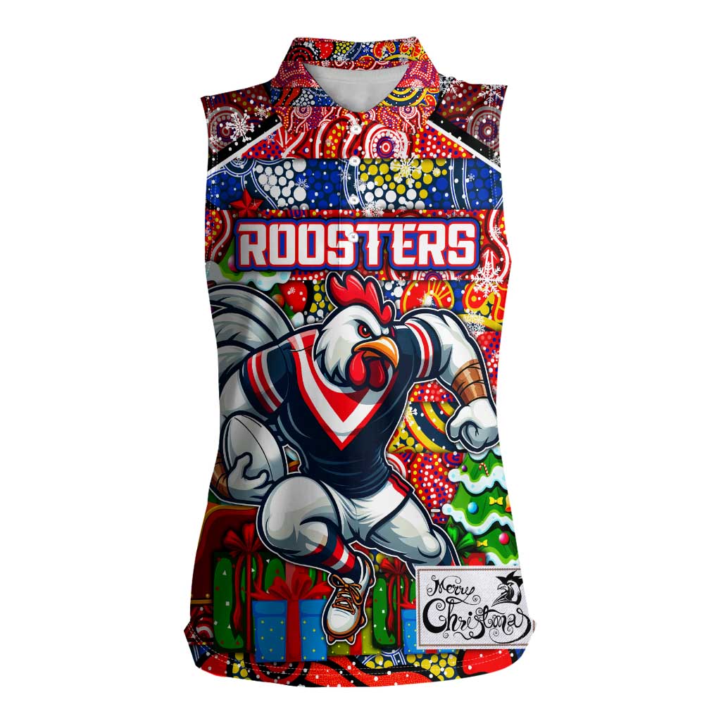 Custom Roosters Rugby Merry Christmas Women Sleeveless Polo Shirt Indigenous Australian Art