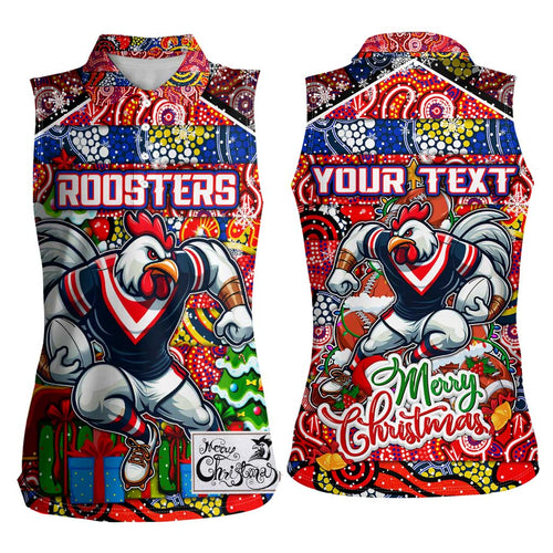 Custom Roosters Rugby Merry Christmas Women Sleeveless Polo Shirt Indigenous Australian Art