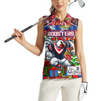 Custom Roosters Rugby Merry Christmas Women Sleeveless Polo Shirt Indigenous Australian Art