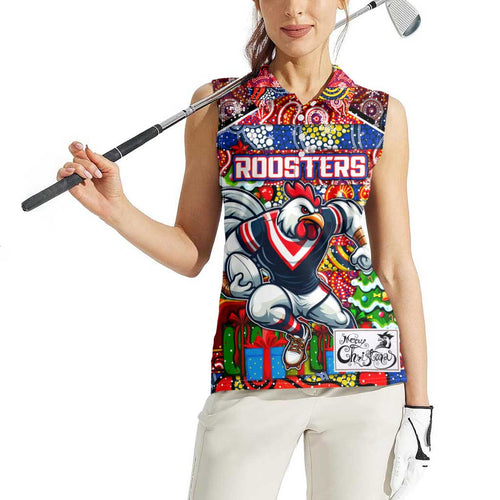 Custom Roosters Rugby Merry Christmas Women Sleeveless Polo Shirt Indigenous Australian Art