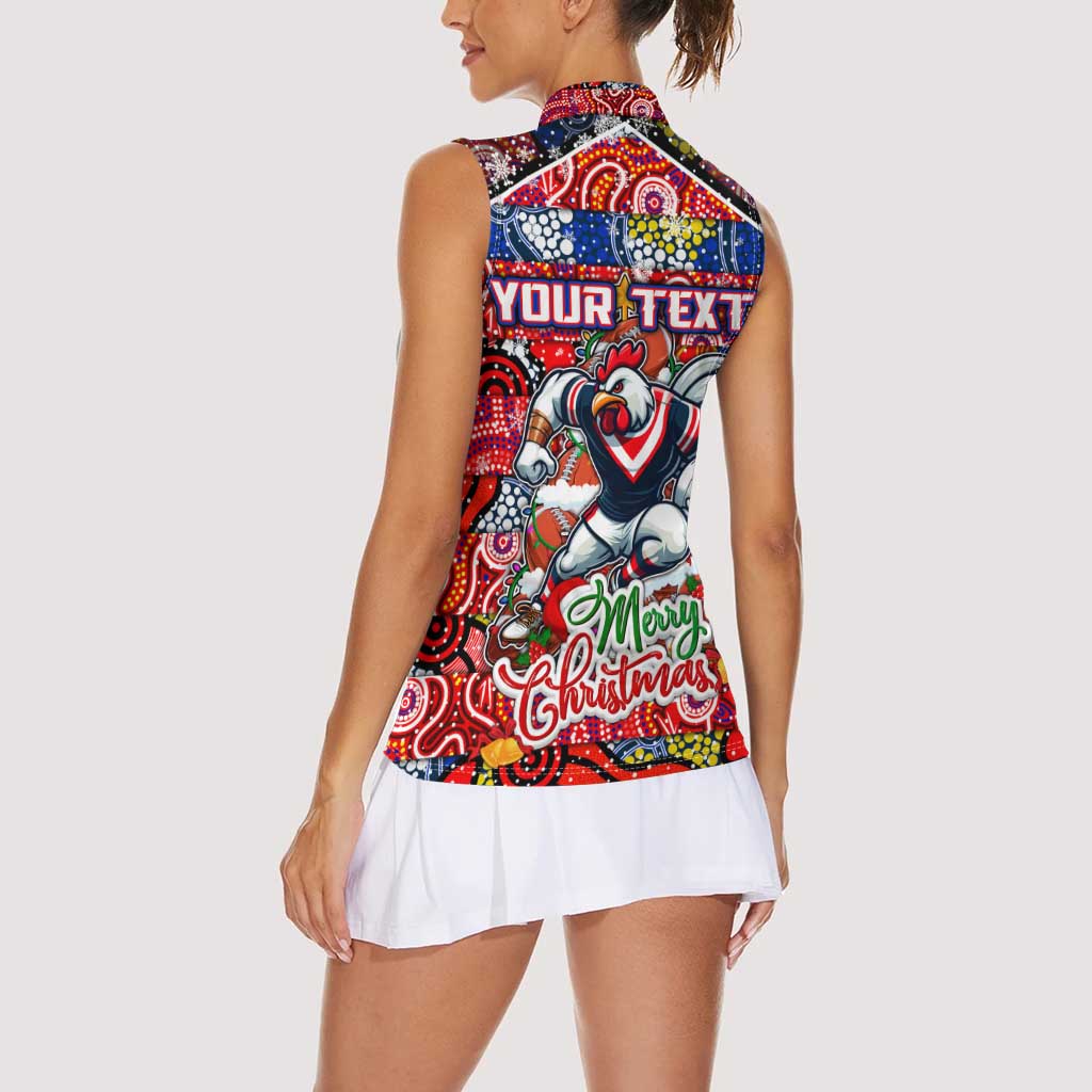 Custom Roosters Rugby Merry Christmas Women Sleeveless Polo Shirt Indigenous Australian Art