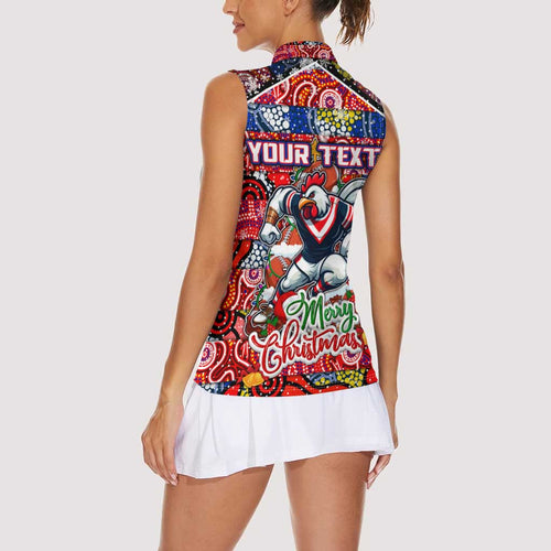 Custom Roosters Rugby Merry Christmas Women Sleeveless Polo Shirt Indigenous Australian Art