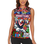 Custom Roosters Rugby Merry Christmas Women Sleeveless Polo Shirt Indigenous Australian Art