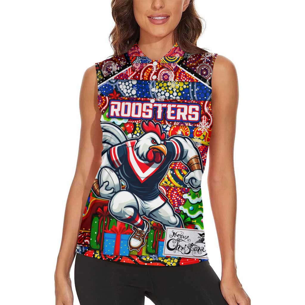 Custom Roosters Rugby Merry Christmas Women Sleeveless Polo Shirt Indigenous Australian Art