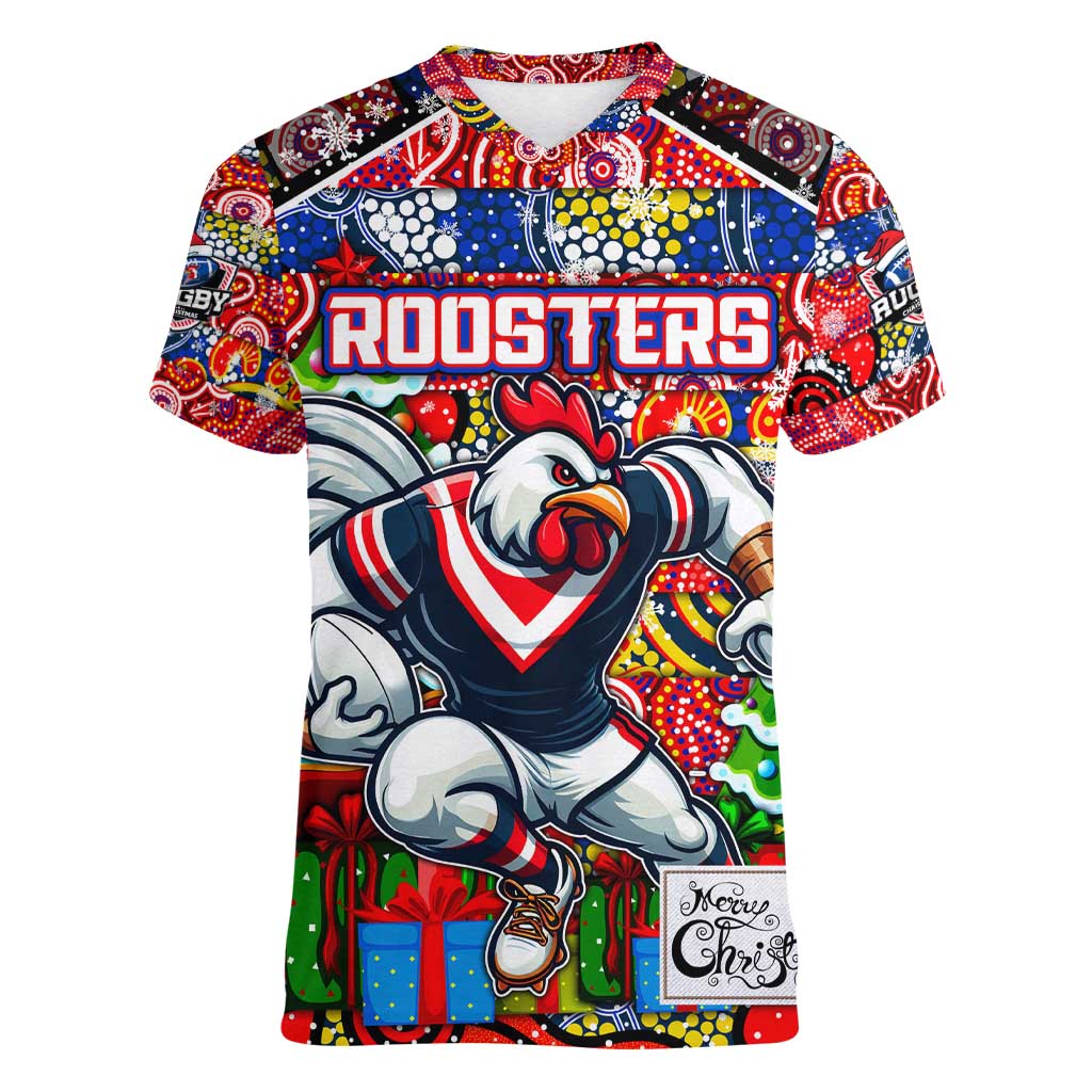 Custom Roosters Rugby Merry Christmas Women V-Neck T-Shirt Indigenous Australian Art