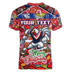 Custom Roosters Rugby Merry Christmas Women V-Neck T-Shirt Indigenous Australian Art