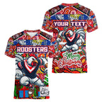Custom Roosters Rugby Merry Christmas Women V-Neck T-Shirt Indigenous Australian Art