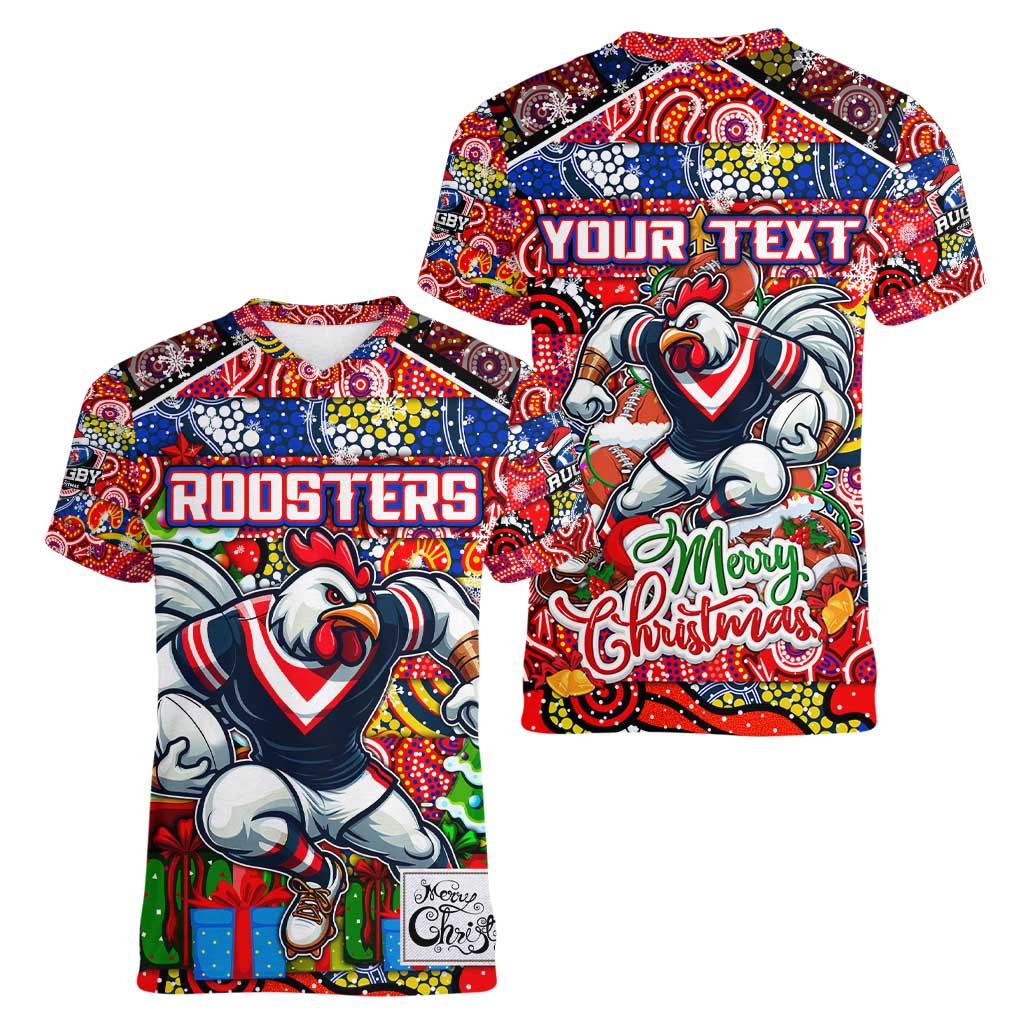 Custom Roosters Rugby Merry Christmas Women V-Neck T-Shirt Indigenous Australian Art