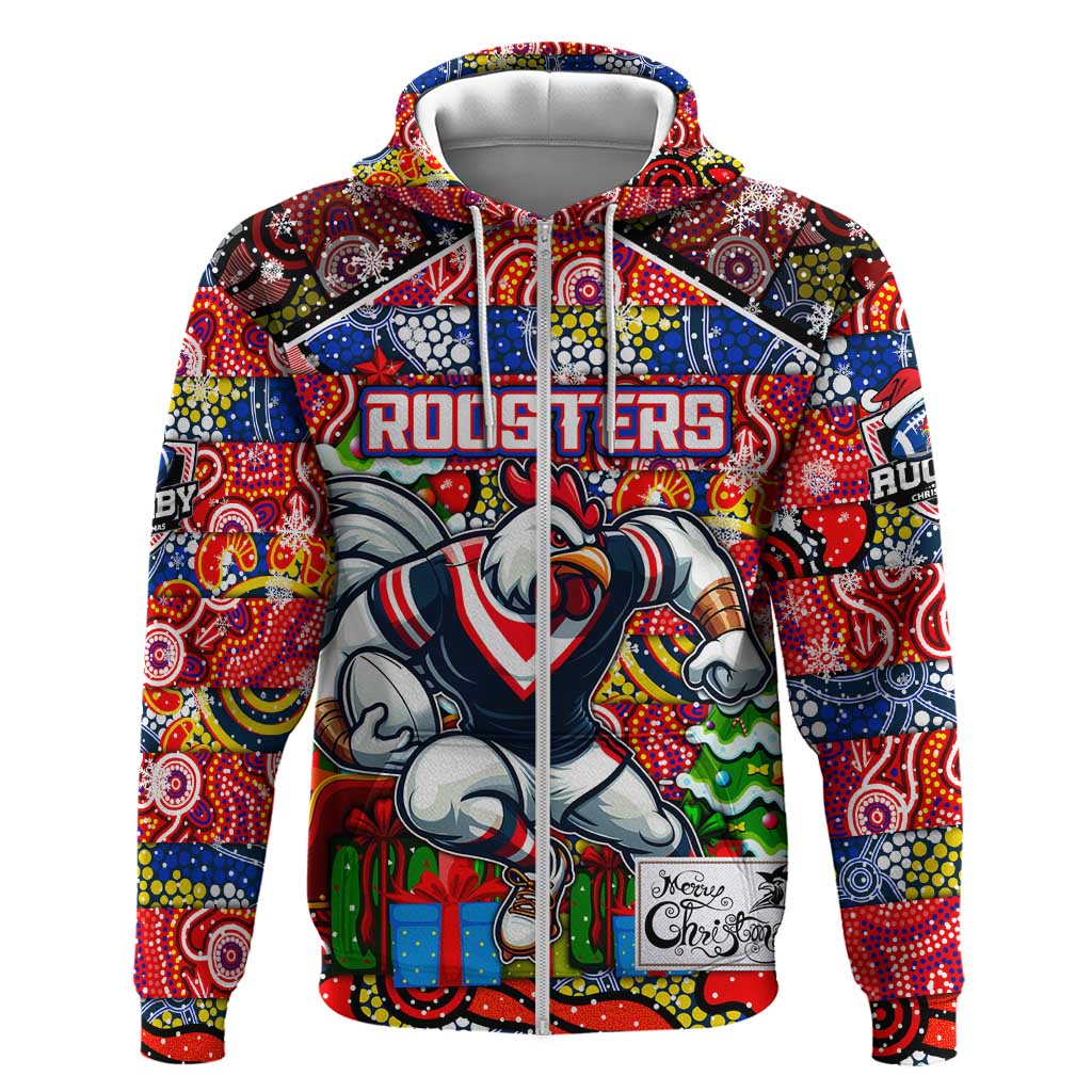 Custom Roosters Rugby Merry Christmas Zip Hoodie Indigenous Australian Art
