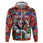 Custom Roosters Rugby Merry Christmas Zip Hoodie Indigenous Australian Art