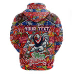 Custom Roosters Rugby Merry Christmas Zip Hoodie Indigenous Australian Art