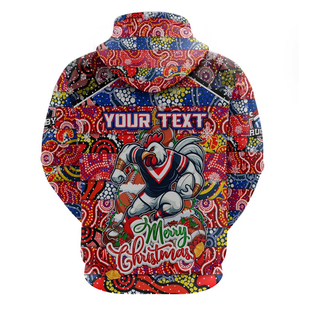 Custom Roosters Rugby Merry Christmas Zip Hoodie Indigenous Australian Art