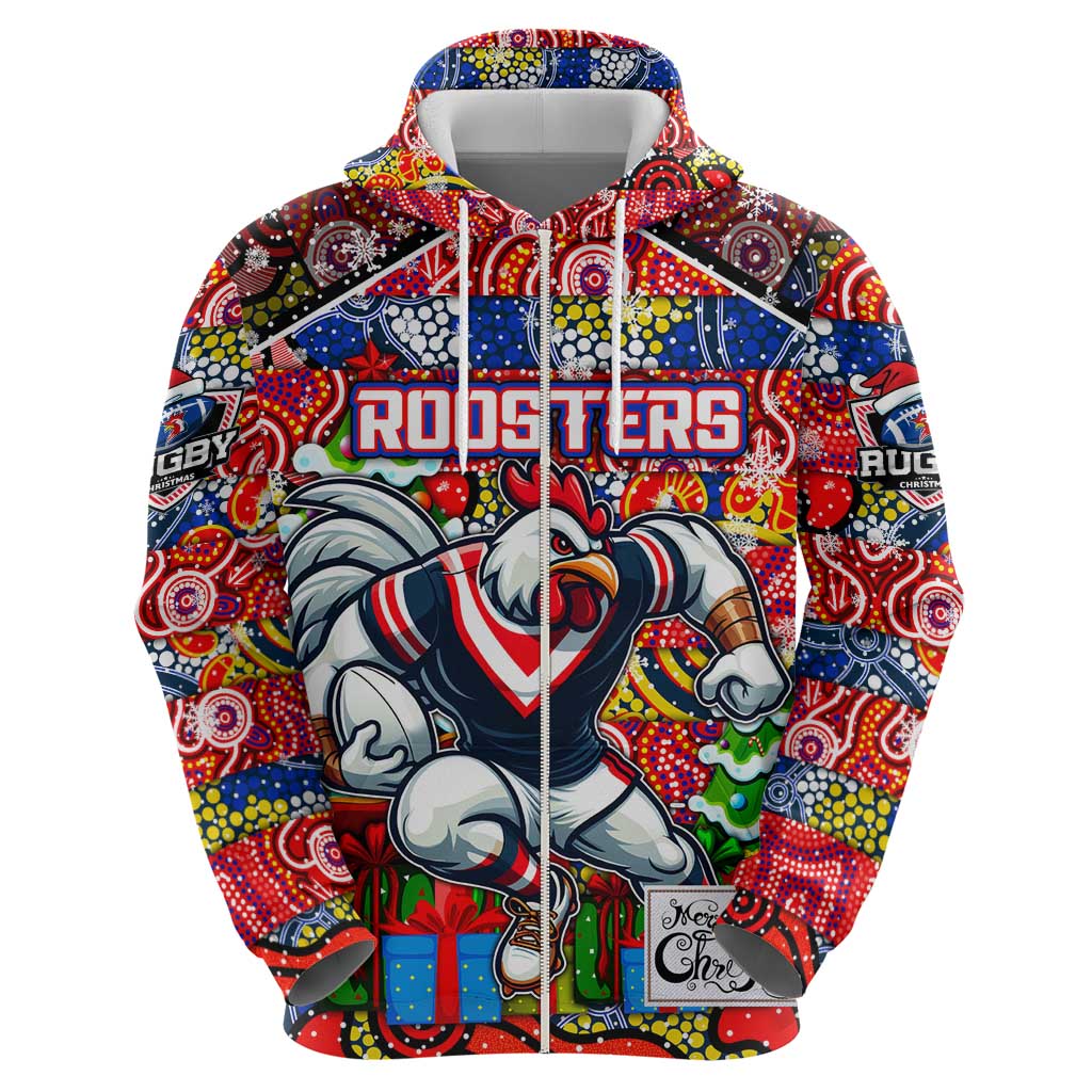 Custom Roosters Rugby Merry Christmas Zip Hoodie Indigenous Australian Art