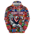 Custom Roosters Rugby Merry Christmas Zip Hoodie Indigenous Australian Art