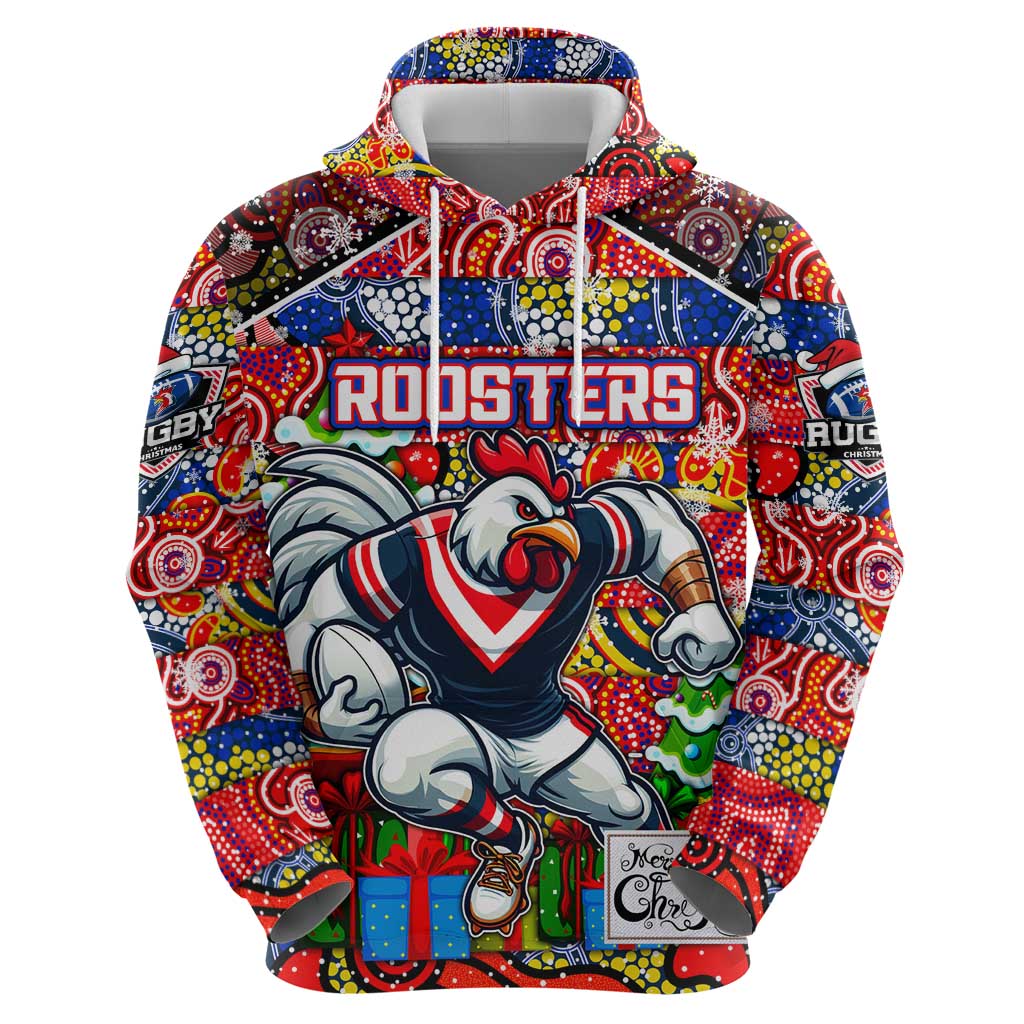 Custom Roosters Rugby Merry Christmas Zip Hoodie Indigenous Australian Art