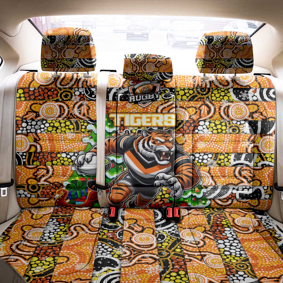 Tigers Rugby Merry Christmas Back Car Seat Cover Indigenous Australian Art