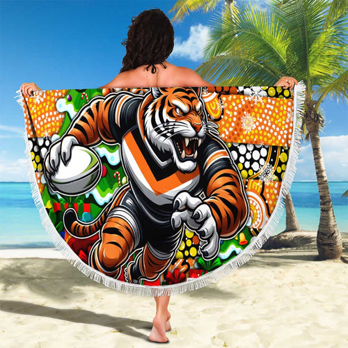 Tigers Rugby Merry Christmas Beach Blanket Indigenous Australian Art
