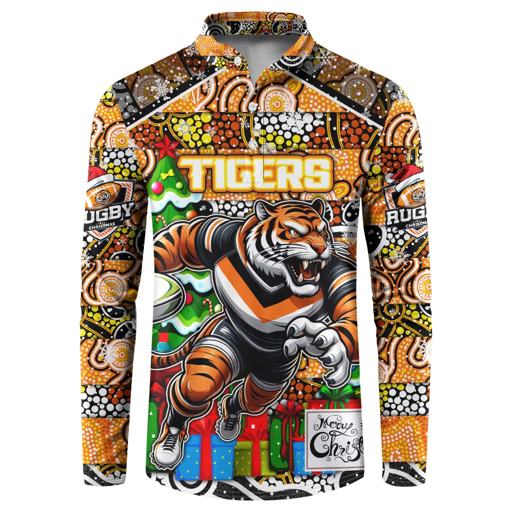 Custom Tigers Rugby Merry Christmas Button Sweatshirt Indigenous Australian Art