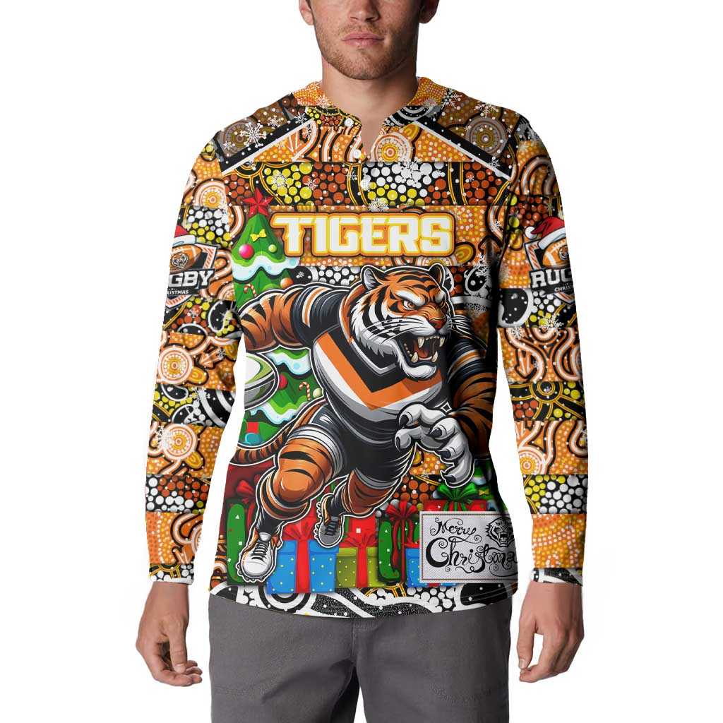 Custom Tigers Rugby Merry Christmas Button Sweatshirt Indigenous Australian Art
