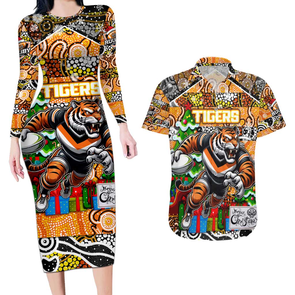 Custom Tigers Rugby Merry Christmas Couples Matching Long Sleeve Bodycon Dress and Hawaiian Shirt Indigenous Australian Art