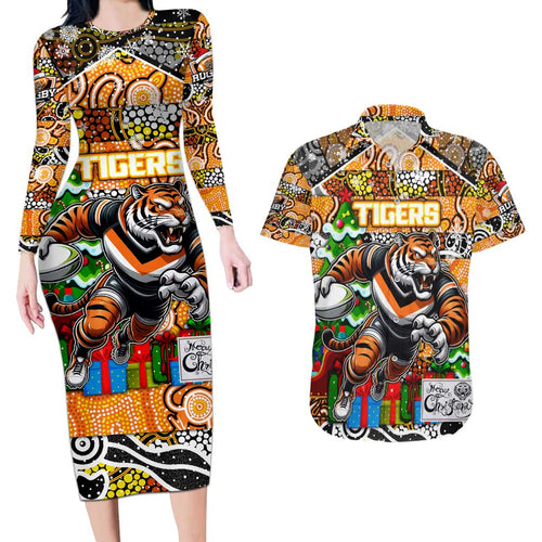 Custom Tigers Rugby Merry Christmas Couples Matching Long Sleeve Bodycon Dress and Hawaiian Shirt Indigenous Australian Art