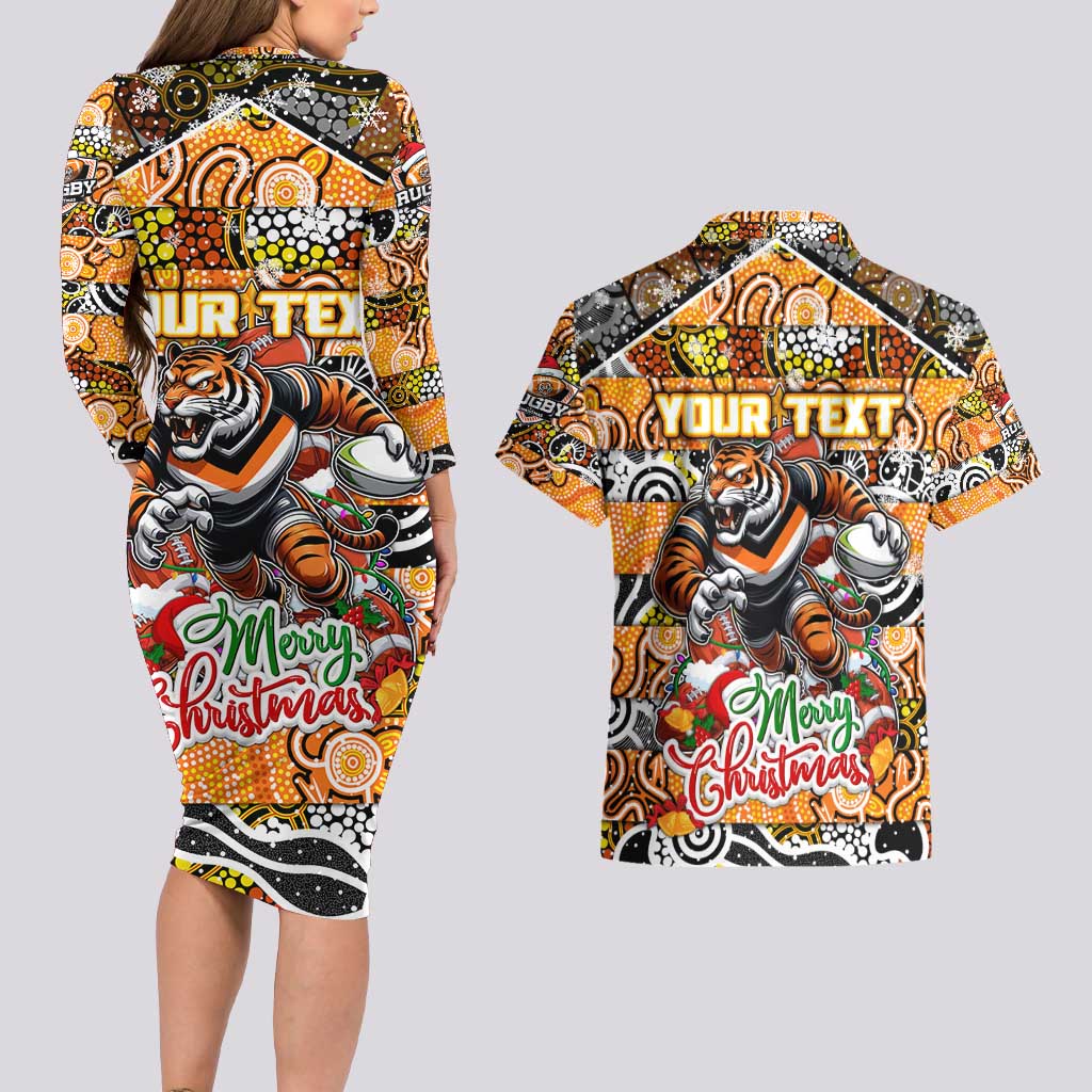 Custom Tigers Rugby Merry Christmas Couples Matching Long Sleeve Bodycon Dress and Hawaiian Shirt Indigenous Australian Art