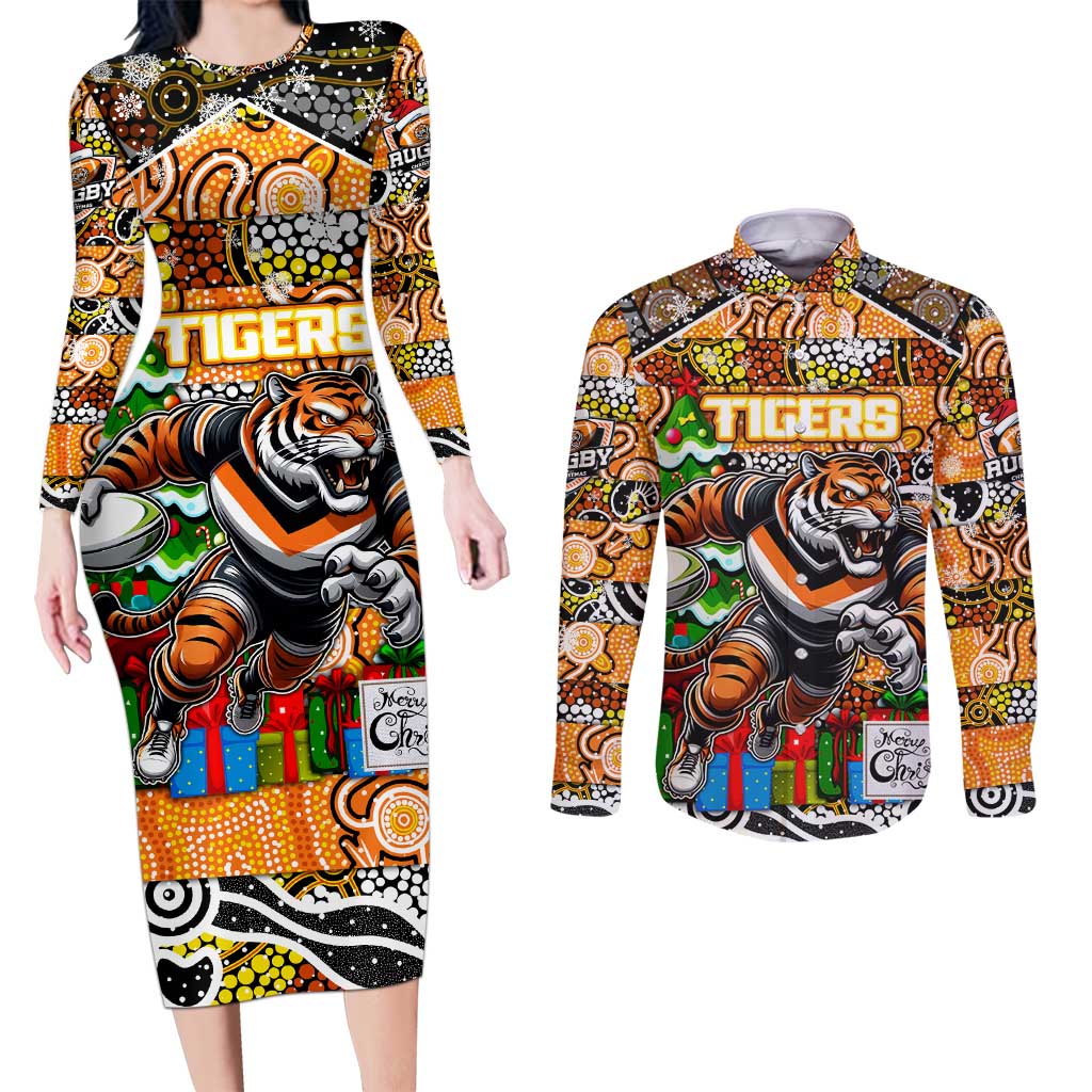 Custom Tigers Rugby Merry Christmas Couples Matching Long Sleeve Bodycon Dress and Long Sleeve Button Shirt Indigenous Australian Art