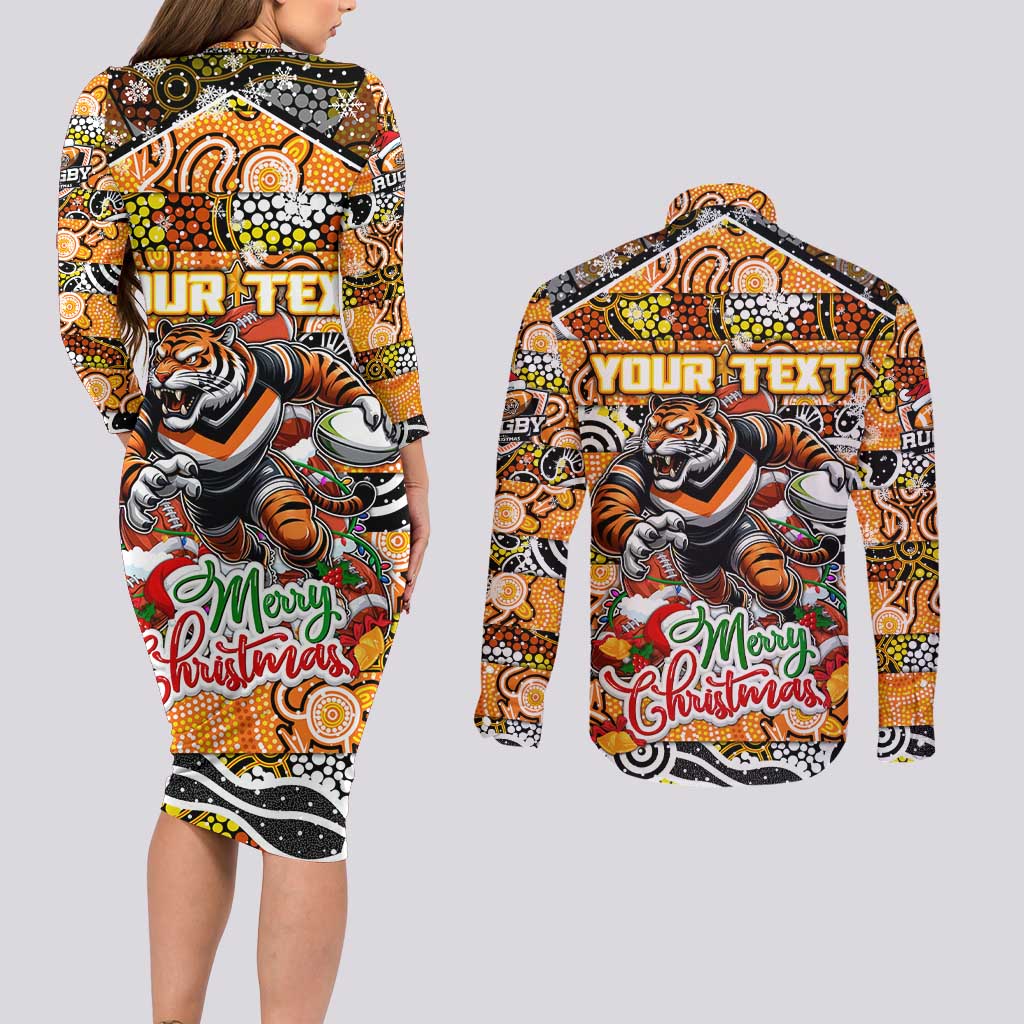 Custom Tigers Rugby Merry Christmas Couples Matching Long Sleeve Bodycon Dress and Long Sleeve Button Shirt Indigenous Australian Art
