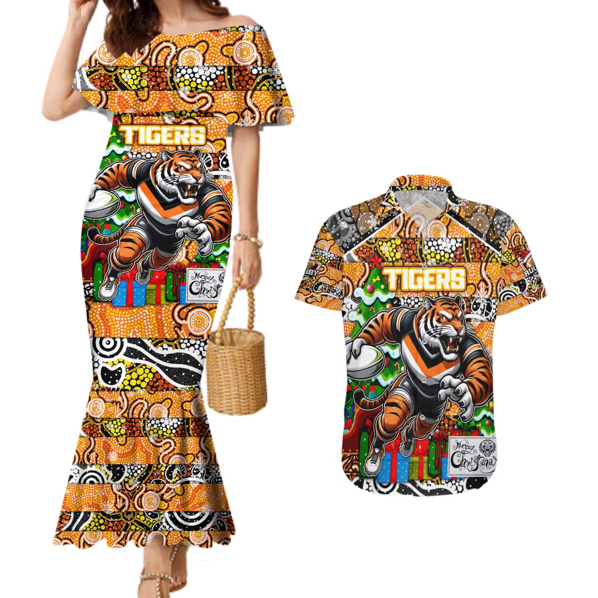 Custom Tigers Rugby Merry Christmas Couples Matching Mermaid Dress and Hawaiian Shirt Indigenous Australian Art