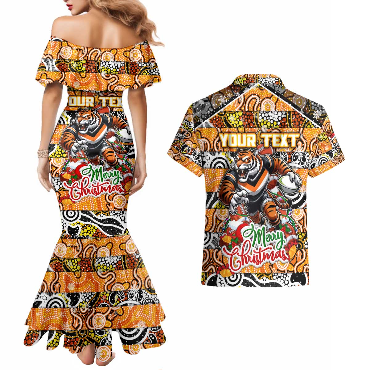 Custom Tigers Rugby Merry Christmas Couples Matching Mermaid Dress and Hawaiian Shirt Indigenous Australian Art