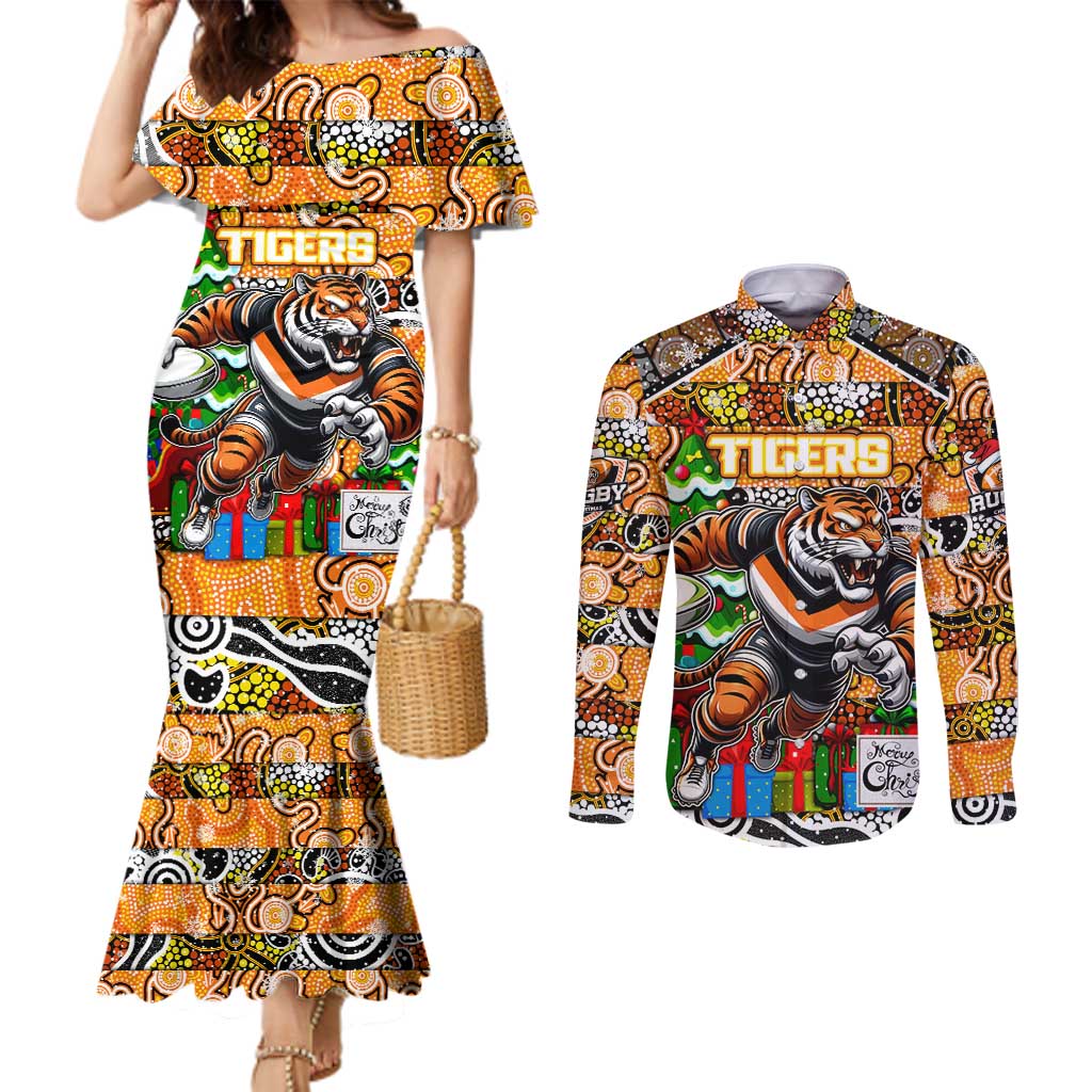 Custom Tigers Rugby Merry Christmas Couples Matching Mermaid Dress and Long Sleeve Button Shirt Indigenous Australian Art