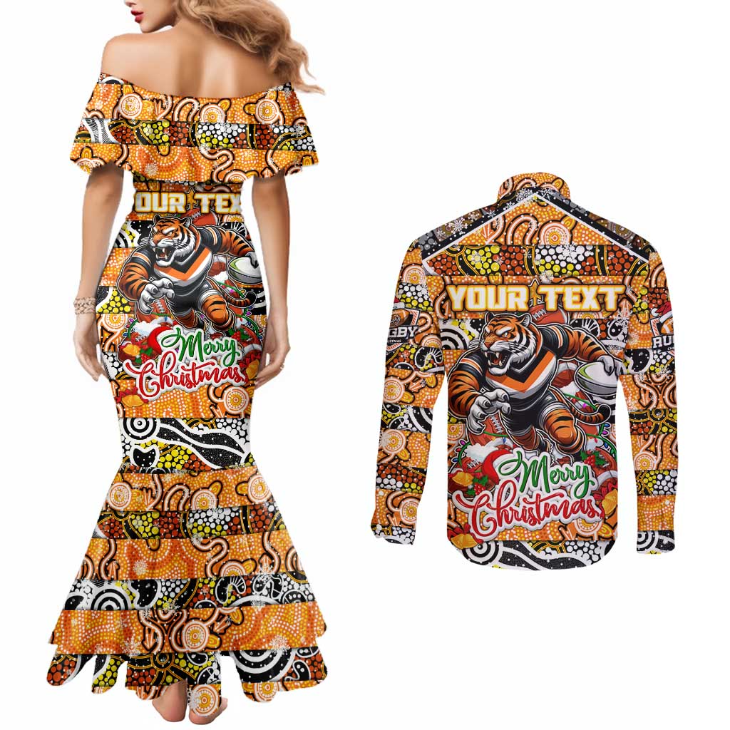 Custom Tigers Rugby Merry Christmas Couples Matching Mermaid Dress and Long Sleeve Button Shirt Indigenous Australian Art