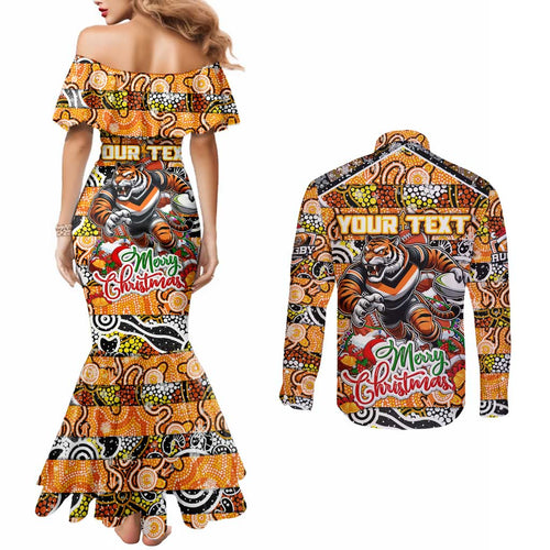 Custom Tigers Rugby Merry Christmas Couples Matching Mermaid Dress and Long Sleeve Button Shirt Indigenous Australian Art