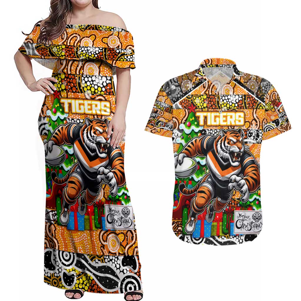 Custom Tigers Rugby Merry Christmas Couples Matching Off Shoulder Maxi Dress and Hawaiian Shirt Indigenous Australian Art