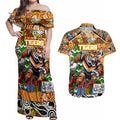 Custom Tigers Rugby Merry Christmas Couples Matching Off Shoulder Maxi Dress and Hawaiian Shirt Indigenous Australian Art