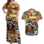Custom Tigers Rugby Merry Christmas Couples Matching Off Shoulder Maxi Dress and Hawaiian Shirt Indigenous Australian Art