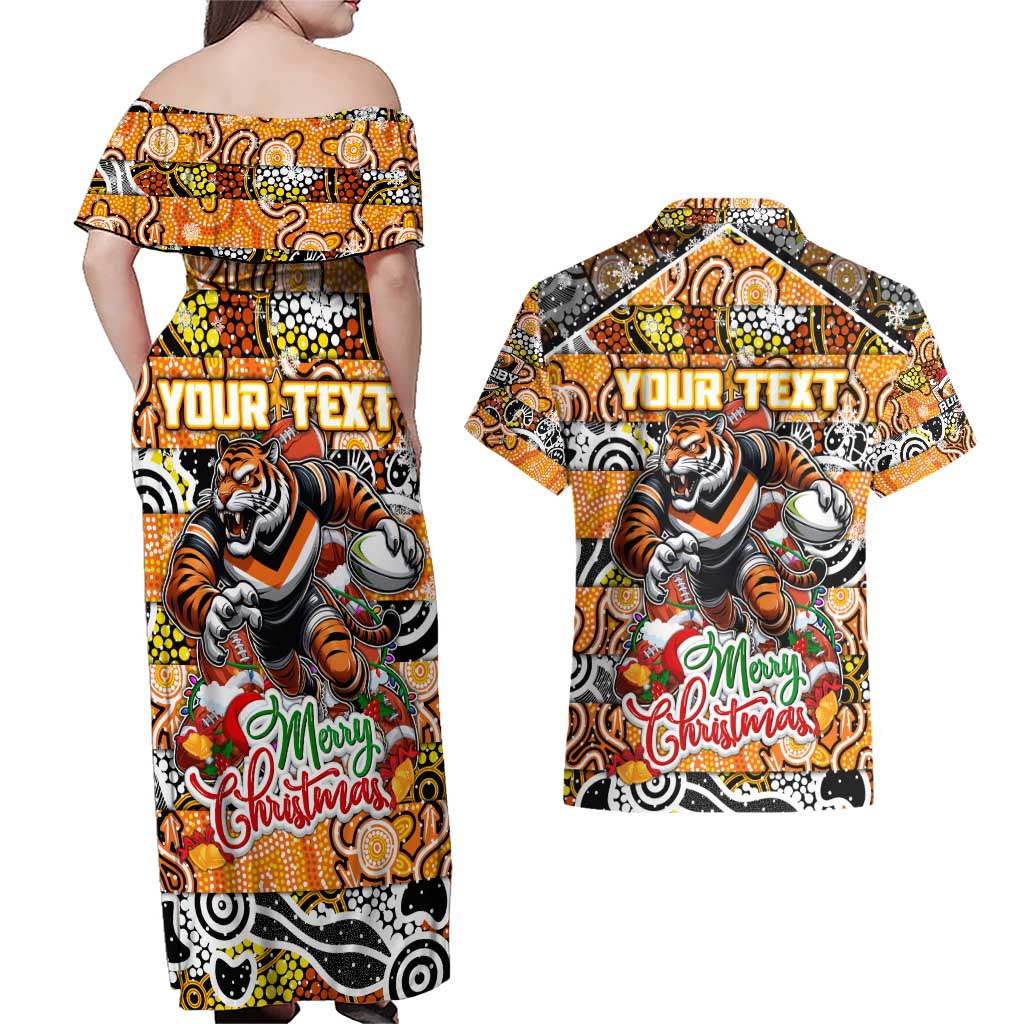 Custom Tigers Rugby Merry Christmas Couples Matching Off Shoulder Maxi Dress and Hawaiian Shirt Indigenous Australian Art