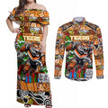 Custom Tigers Rugby Merry Christmas Couples Matching Off Shoulder Maxi Dress and Long Sleeve Button Shirt Indigenous Australian Art