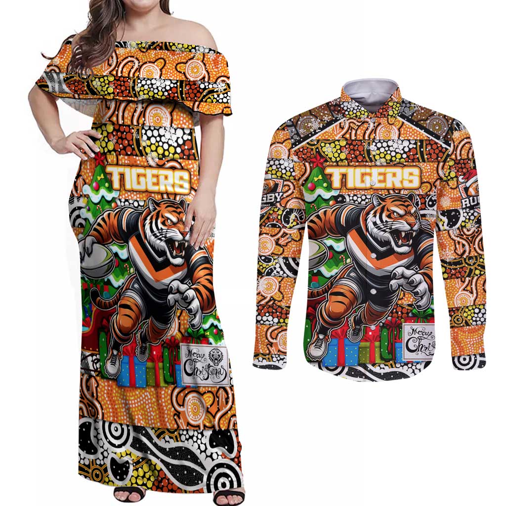 Custom Tigers Rugby Merry Christmas Couples Matching Off Shoulder Maxi Dress and Long Sleeve Button Shirt Indigenous Australian Art