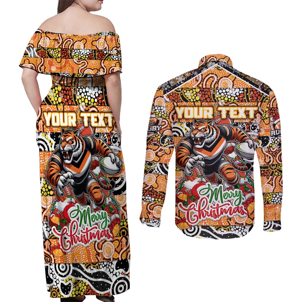 Custom Tigers Rugby Merry Christmas Couples Matching Off Shoulder Maxi Dress and Long Sleeve Button Shirt Indigenous Australian Art