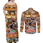 Custom Tigers Rugby Merry Christmas Couples Matching Off Shoulder Maxi Dress and Long Sleeve Button Shirt Indigenous Australian Art