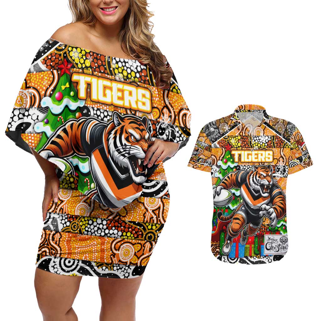 Custom Tigers Rugby Merry Christmas Couples Matching Off Shoulder Short Dress and Hawaiian Shirt Indigenous Australian Art