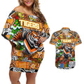 Custom Tigers Rugby Merry Christmas Couples Matching Off Shoulder Short Dress and Hawaiian Shirt Indigenous Australian Art