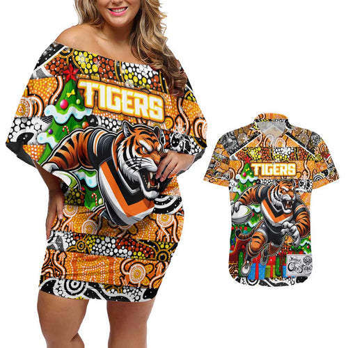 Custom Tigers Rugby Merry Christmas Couples Matching Off Shoulder Short Dress and Hawaiian Shirt Indigenous Australian Art