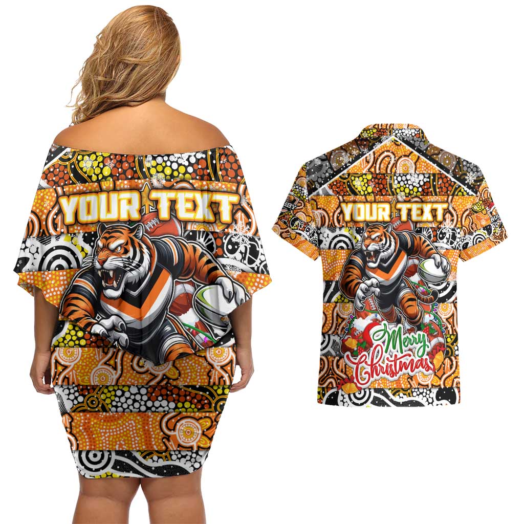 Custom Tigers Rugby Merry Christmas Couples Matching Off Shoulder Short Dress and Hawaiian Shirt Indigenous Australian Art