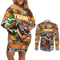 Custom Tigers Rugby Merry Christmas Couples Matching Off Shoulder Short Dress and Long Sleeve Button Shirt Indigenous Australian Art