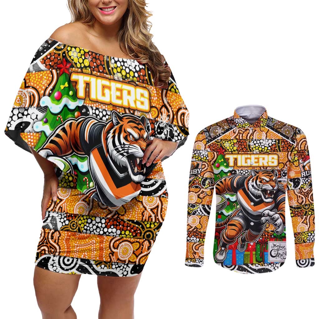 Custom Tigers Rugby Merry Christmas Couples Matching Off Shoulder Short Dress and Long Sleeve Button Shirt Indigenous Australian Art