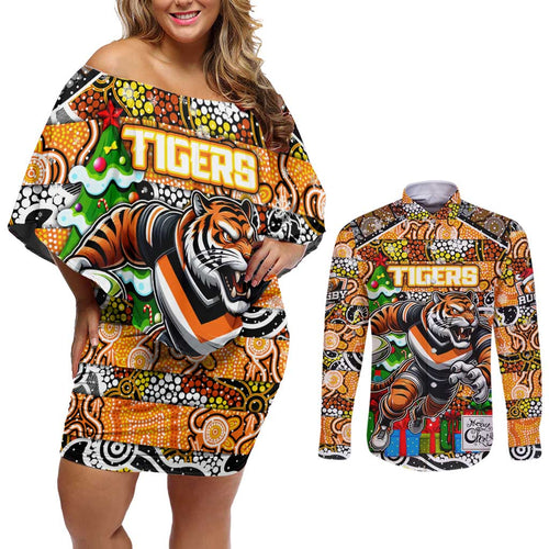 Custom Tigers Rugby Merry Christmas Couples Matching Off Shoulder Short Dress and Long Sleeve Button Shirt Indigenous Australian Art