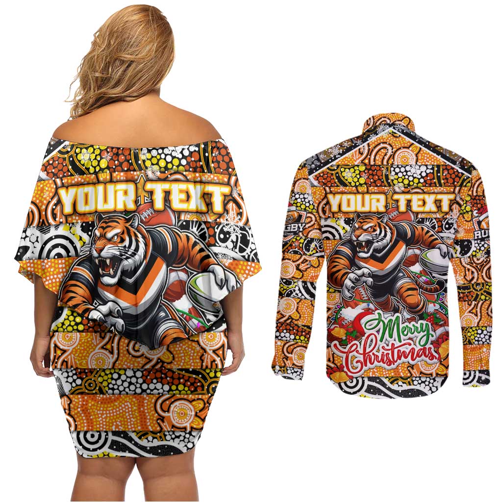 Custom Tigers Rugby Merry Christmas Couples Matching Off Shoulder Short Dress and Long Sleeve Button Shirt Indigenous Australian Art